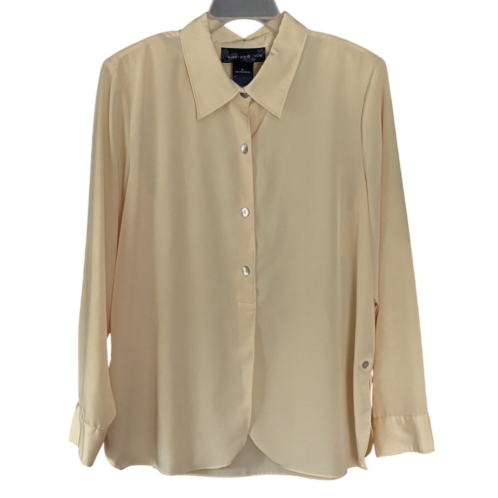 Susan Graver Style Butter Yellow Button Down Blouse Side Slit XL A70411